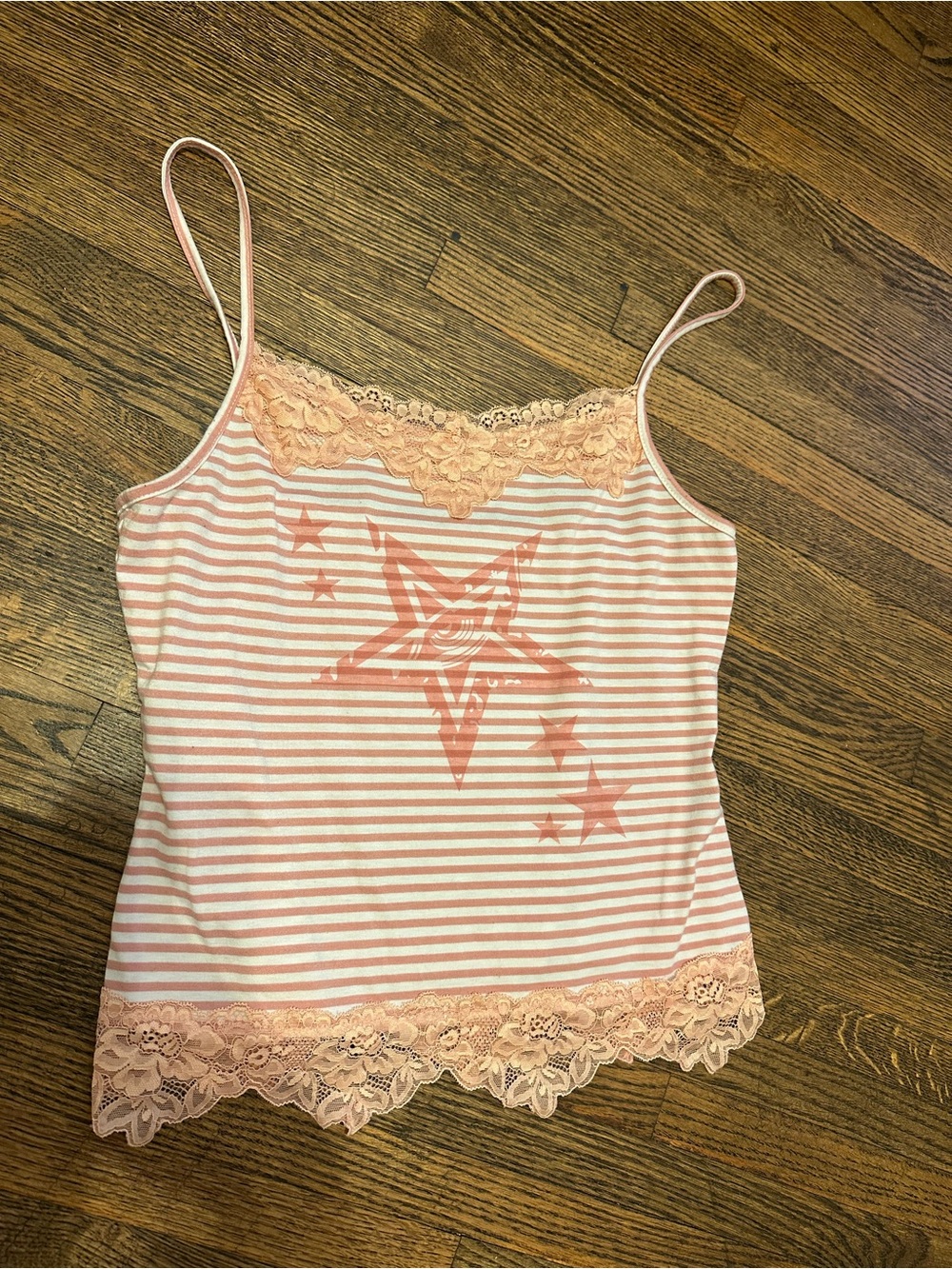 pink striped tank top lace details Y2K